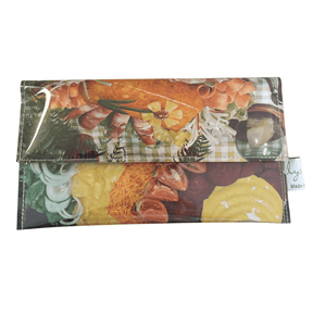 Retro Recipe Wallet made from 1960s Golden Circle Tropical Cook Book pages with summer salad design and magnetic clasp