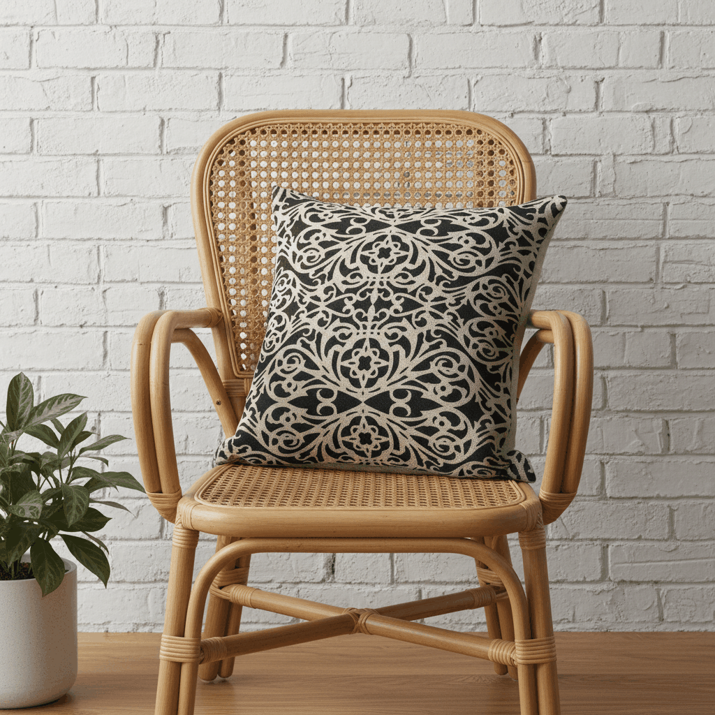 Wicker chair with a handprinted linen cushion against a white brick wall