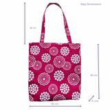 LyssyMay cottage garden tote bag with white floral pattern and measurements on a white background. 32 wide by 35 cm body of bag with 26 cm high handle.