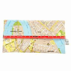 Recycled street map wallet by Lyssy May featuring Fortitude Valley, Kangaroo Point, Newstead, and Bowen Hills areas of Brisbane. Front view of wallet