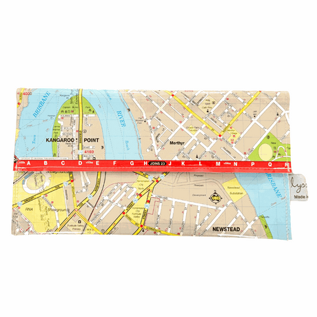 Recycled street map wallet by Lyssy May featuring Fortitude Valley, Kangaroo Point, Newstead, and Bowen Hills areas of Brisbane. Front view of wallet