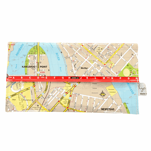 Recycled street map wallet by Lyssy May featuring Fortitude Valley, Kangaroo Point, Newstead, and Bowen Hills areas of Brisbane. Front view of wallet