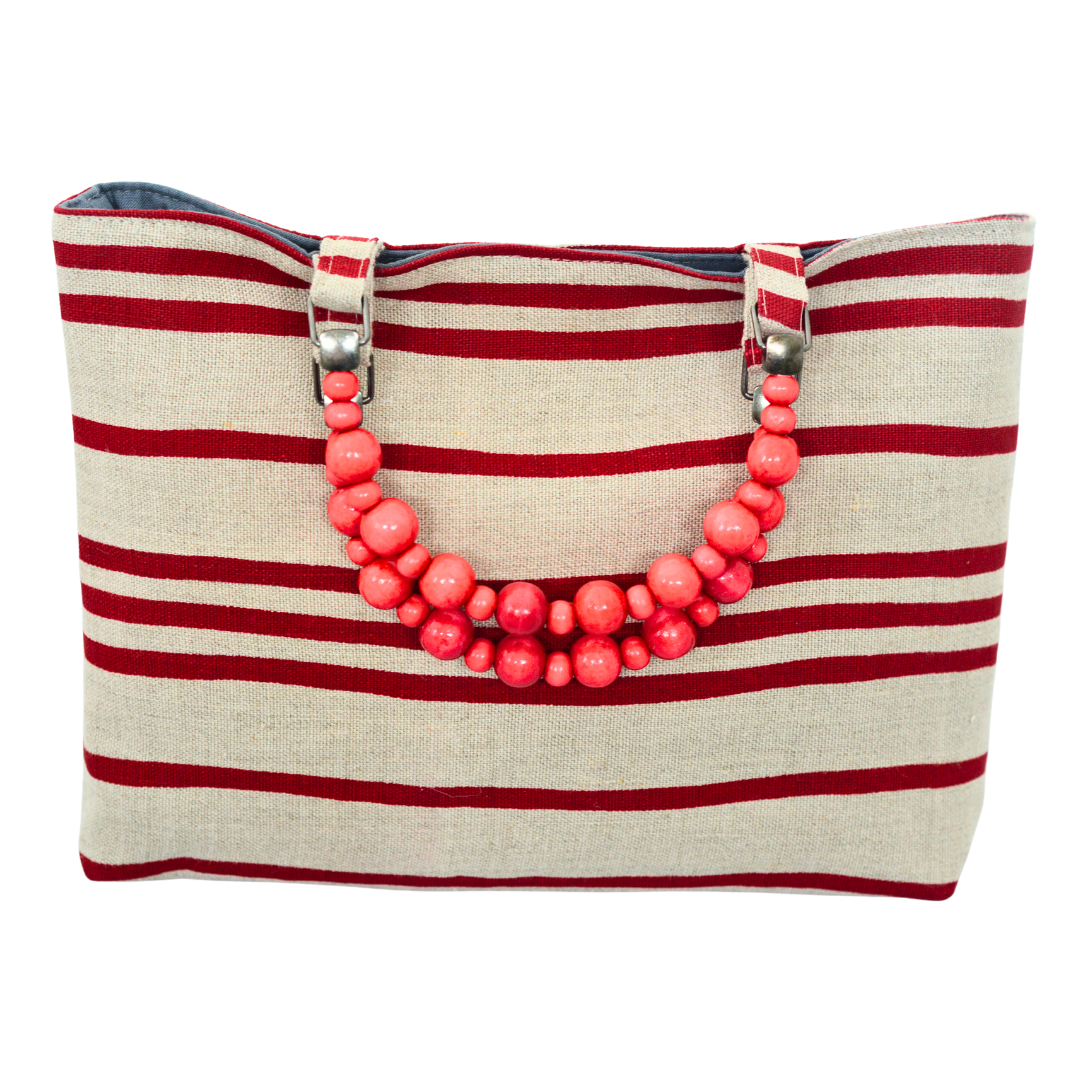 French Stripes Handprinted Natural Linen Shopper with Beaded Handles (Red)
