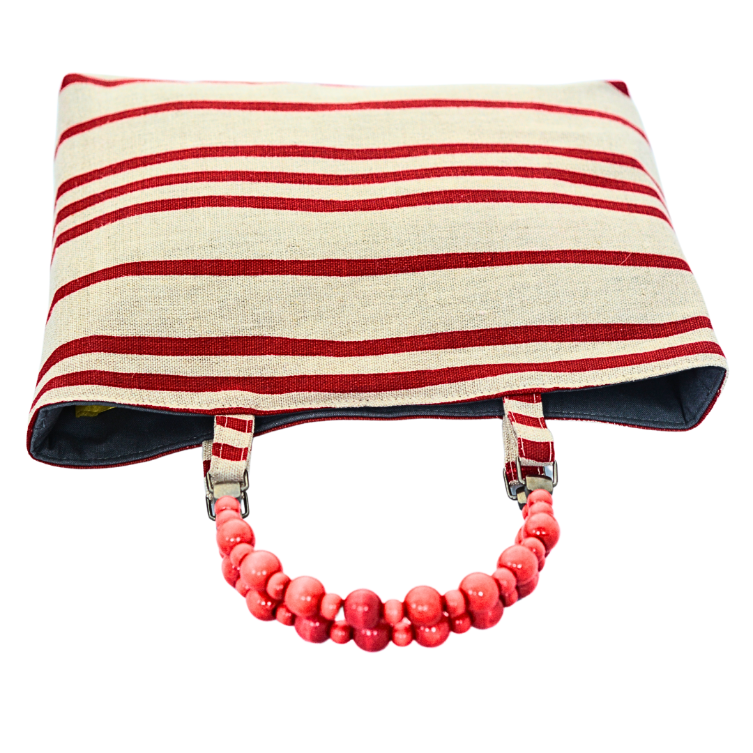 French Stripes Handprinted Natural Linen Shopper with Beaded Handles (Red)
