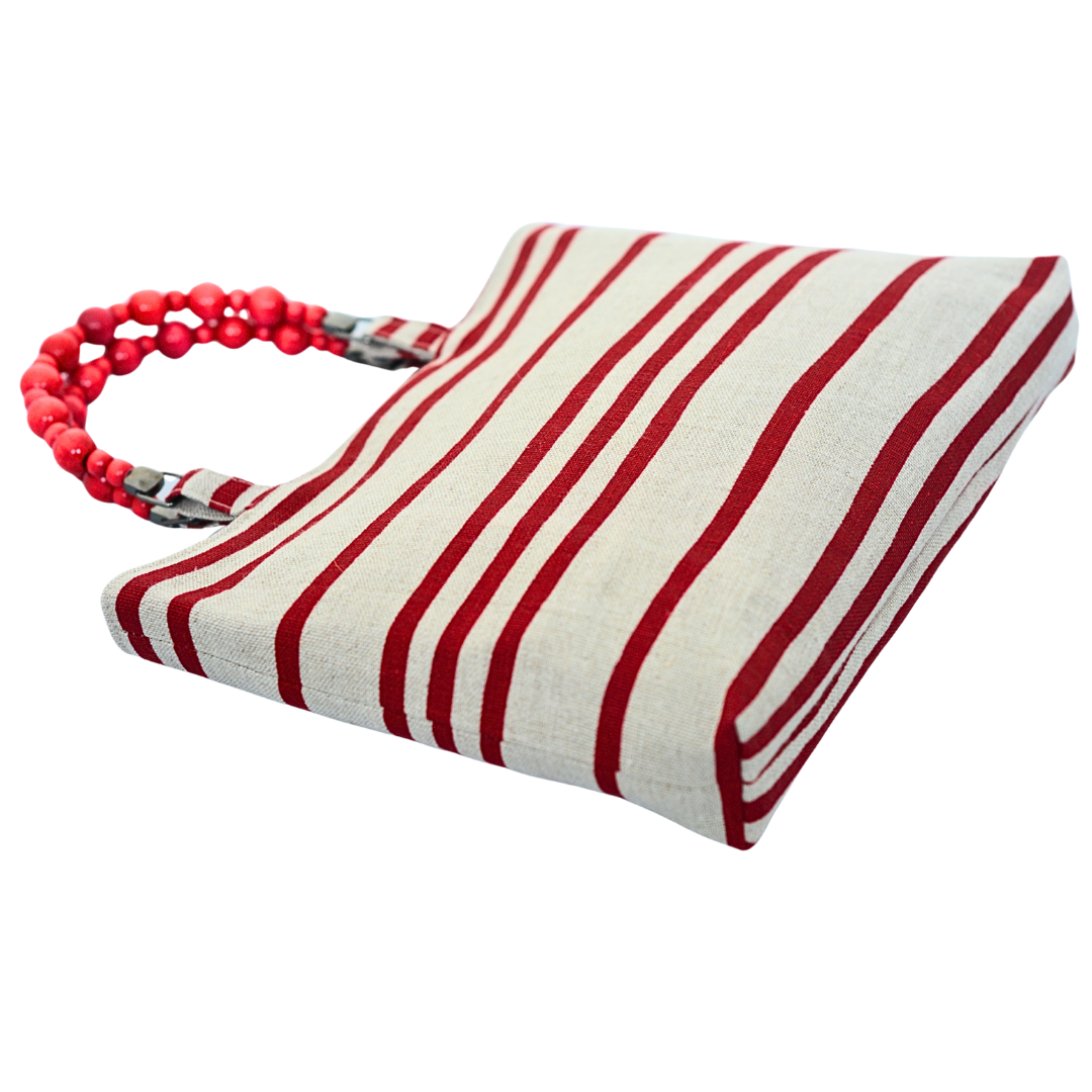 French Stripes Handprinted Natural Linen Shopper with Beaded Handles (Red)