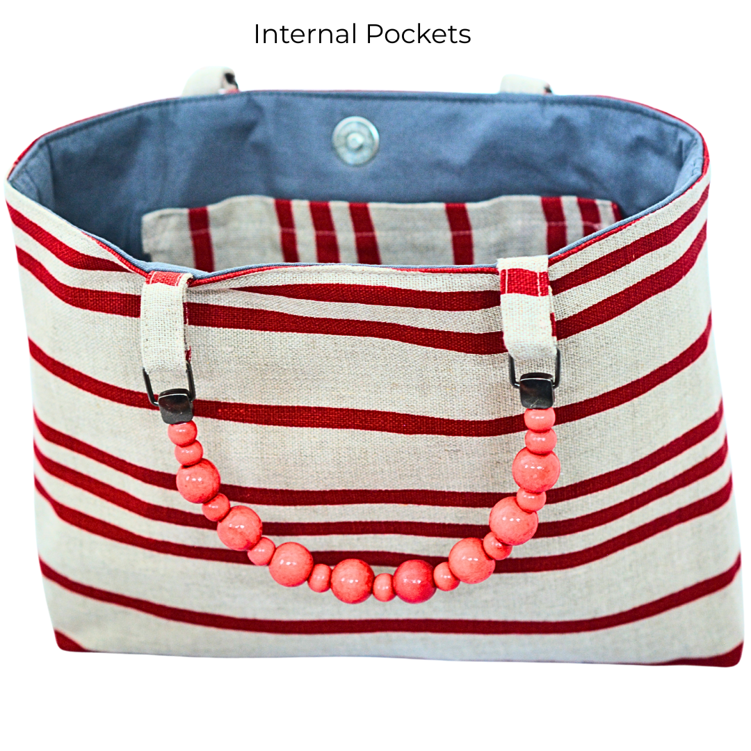 French Stripes Handprinted Natural Linen Shopper with Beaded Handles (Red)