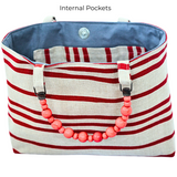 French Stripes Handprinted Natural Linen Shopper with Beaded Handles (Red)