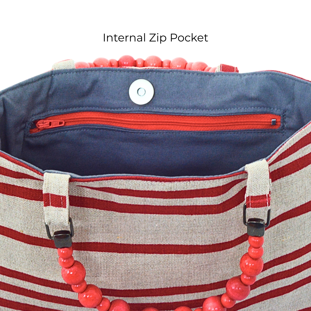 French Stripes Handprinted Natural Linen Shopper with Beaded Handles (Red)