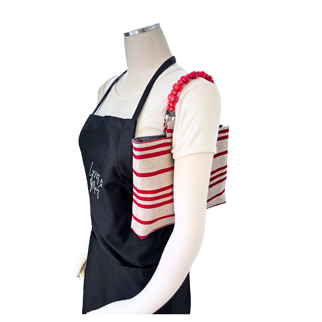 French Stripes Handprinted Natural Linen Shopper with Beaded Handles (Red)