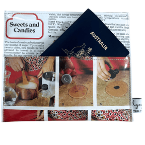 Vintage 1970s retro recipe wallet featuring sweets and candies chapter with vintage cooking images and text
