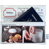 Retro recipe wallet made from 1970s cookbook pages featuring Souffle and Fritters recipes with lemon, grapes, eggs, and cinnamon apple rings designs.