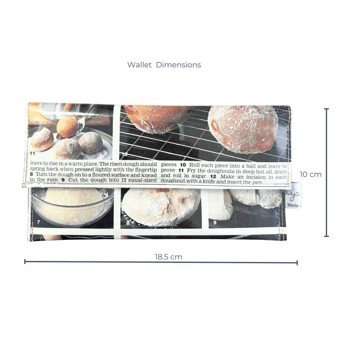 Measurement chart for a wallet with images of doughnuts and baking steps, showing dimensions.