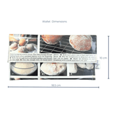 Measurement chart for a wallet with images of doughnuts and baking steps, showing dimensions.