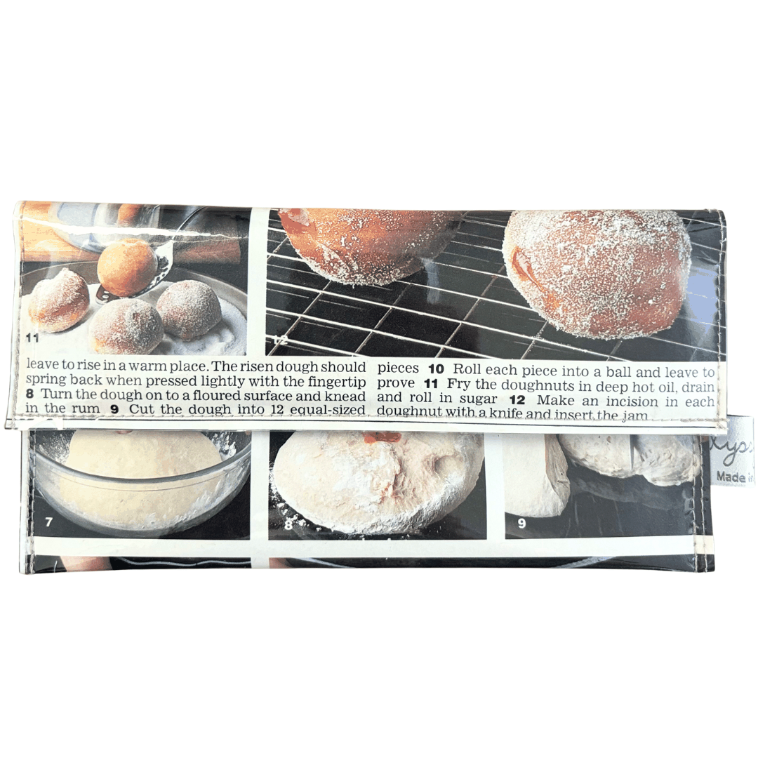 Cookbook with doughnut-making instructions and images on a white background designed as a wallet