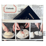 Passport holder with custard recipe and cooking steps printed on it