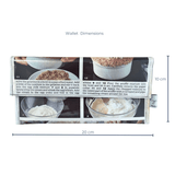 Wallet with cooking recipe printout and dimensions on a white background