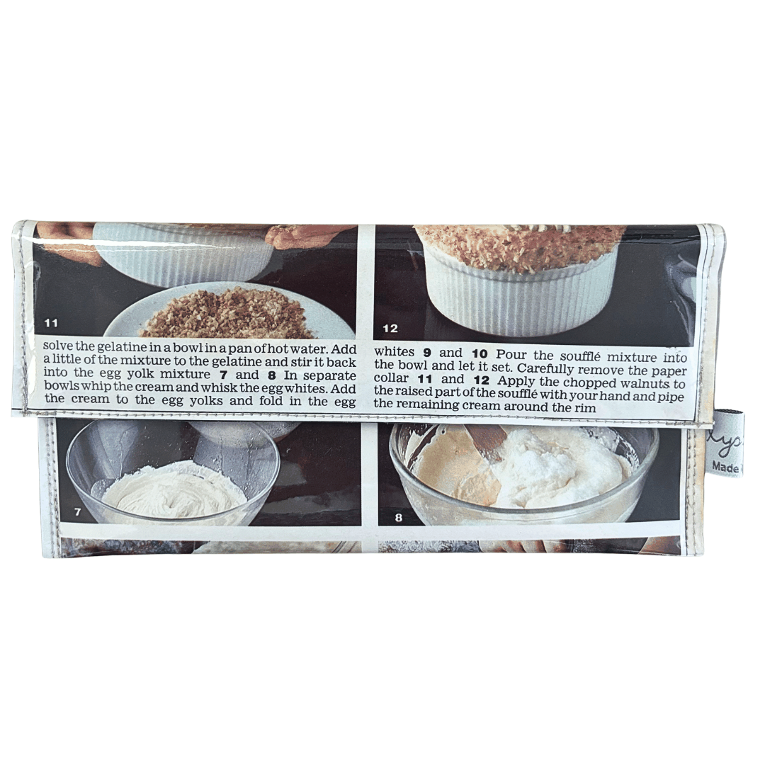Folded recipe with images of cooking steps and ingredients on a white background