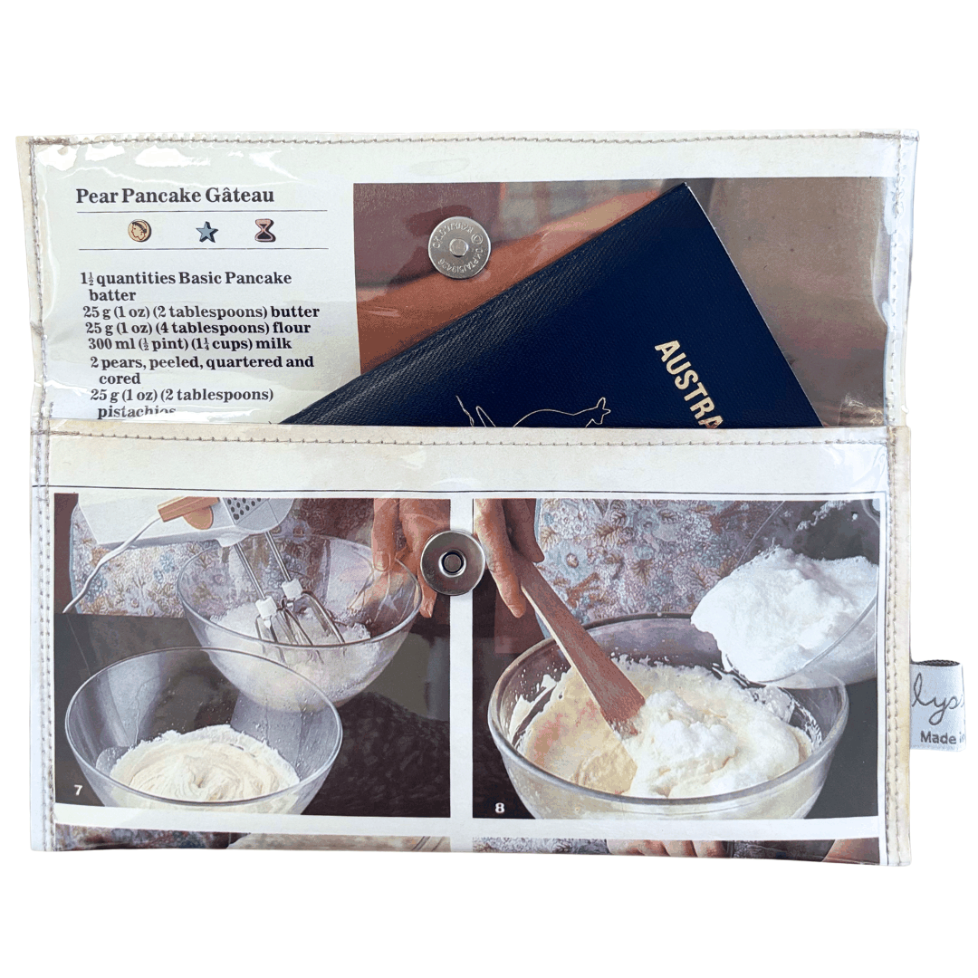 Recipe images and text on a white background created as a wallet that can be used to hold a passport