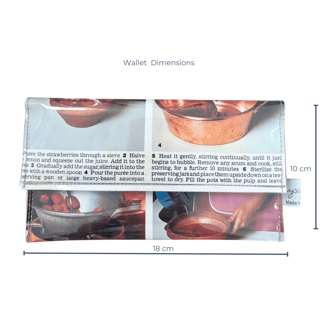Measurement chart for a wallet with images of cooking processes and dimensions.