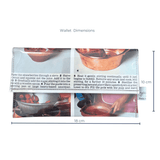 Measurement chart for a wallet with images of cooking processes and dimensions.