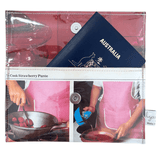 Wallet with images of cooking activities using a retro recipe book that can hold a passport as pictured