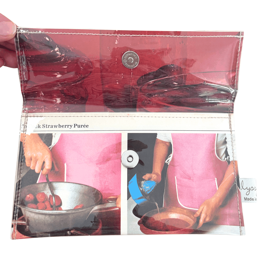 Retro Recipe Wallet featuring 1970s Strawberry Puree cookbook pages with copper kitchenware design