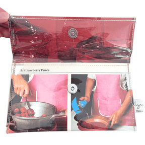 Retro Recipe Wallet featuring 1970s Strawberry Puree cookbook pages with copper kitchenware design