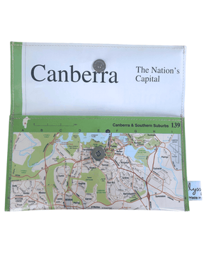 Handmade recycled map wallet featuring 1995 BP Explore Australia map of Canberra Southern Suburbs with magnetic snap closure