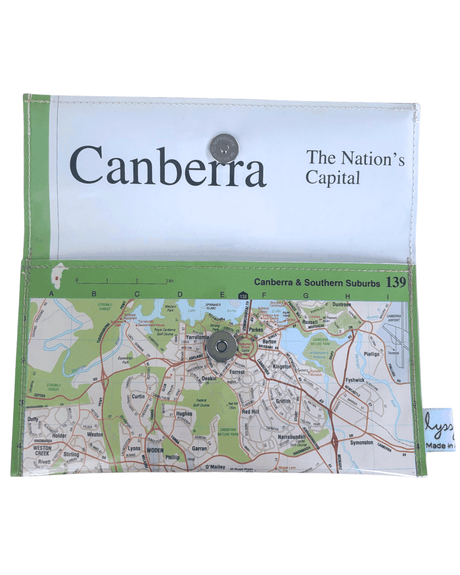 Handmade recycled map wallet featuring 1995 BP Explore Australia map of Canberra Southern Suburbs with magnetic snap closure