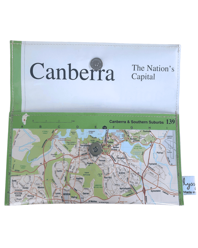 Handmade recycled map wallet featuring 1995 BP Explore Australia map of Canberra Southern Suburbs with magnetic snap closure