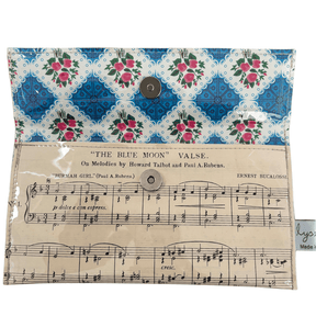 Vintage sheet music wallet made from 1940s Chappell & Co Dance Album page with floral patterned lining and magnetic clasp