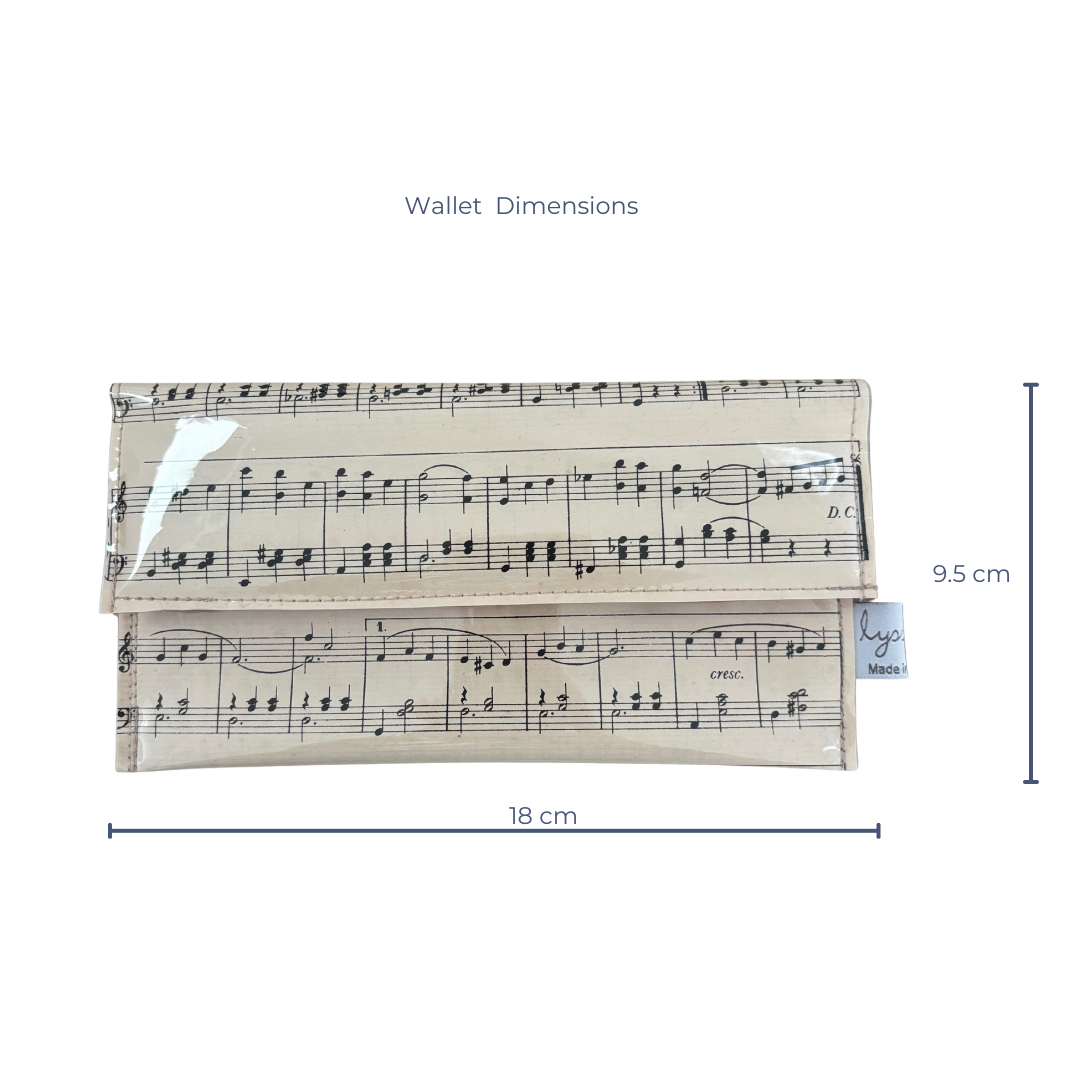 Music sheet design wallet with dimensions on a white background