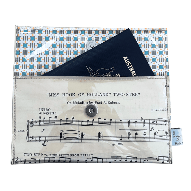 Vintage Sheet Music Wallet made from 1940s Miss Hook of Holland Two-Step sheet music with geometric patterned lining and magnetic clasp