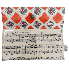 Vintage Sheet Music Wallet made from 1940s Little Miss Wooden Shoes sheet music with floral lining and magnetic clasp