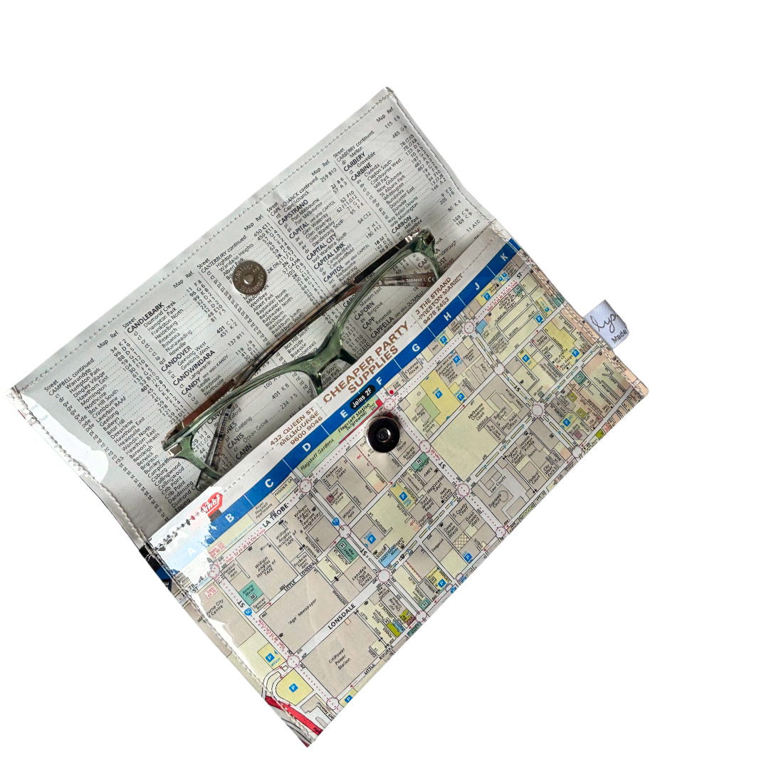 Recycled Street Map Wallet - Lyssy May Handmade Wallet recycled map of Melb City Spencer, Flinders, Bourke Street, Yarra River