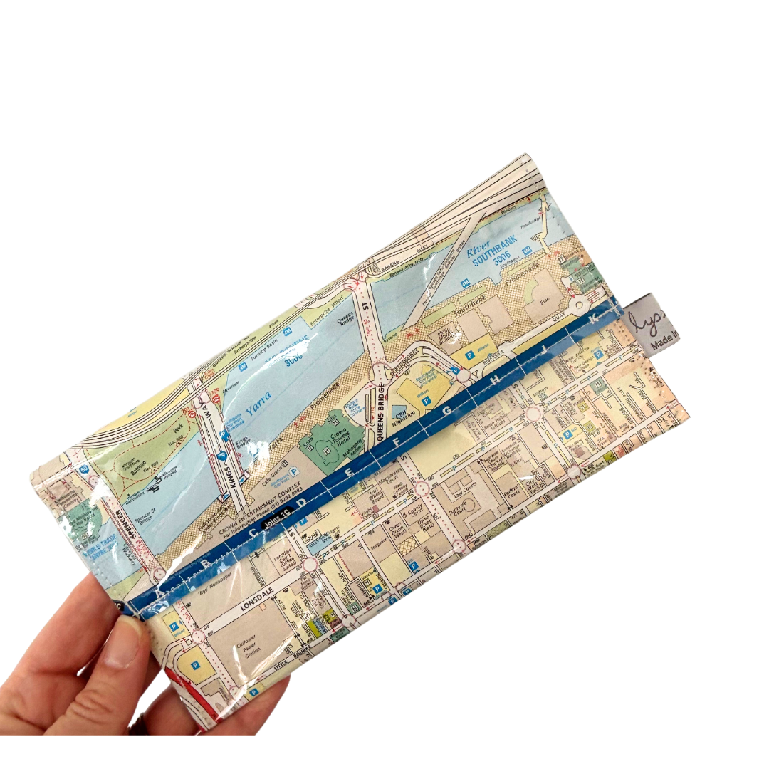 Recycled Street Map Wallet - Lyssy May Handmade Wallet recycled map of Melb City Spencer, Flinders, Bourke Street, Yarra River