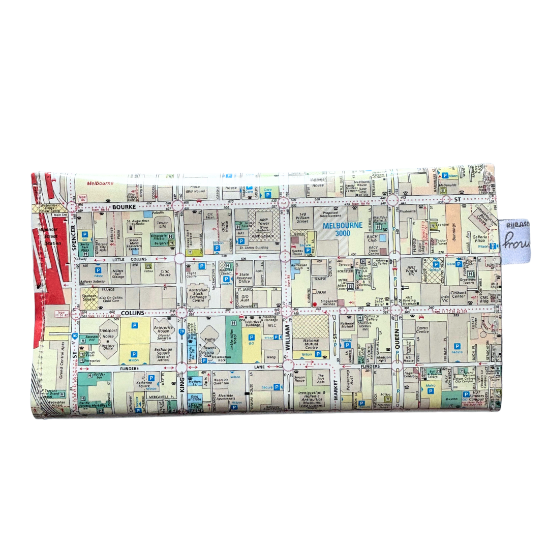 Recycled Street Map Wallet - Lyssy May Handmade Wallet recycled map of Melb City Spencer, Flinders, Bourke Street, Yarra River