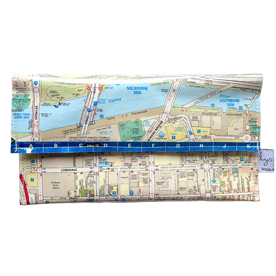 Recycled Street Map Wallet - Lyssy May Handmade Wallet recycled map of Melb City Spencer, Flinders, Bourke Street, Yarra River