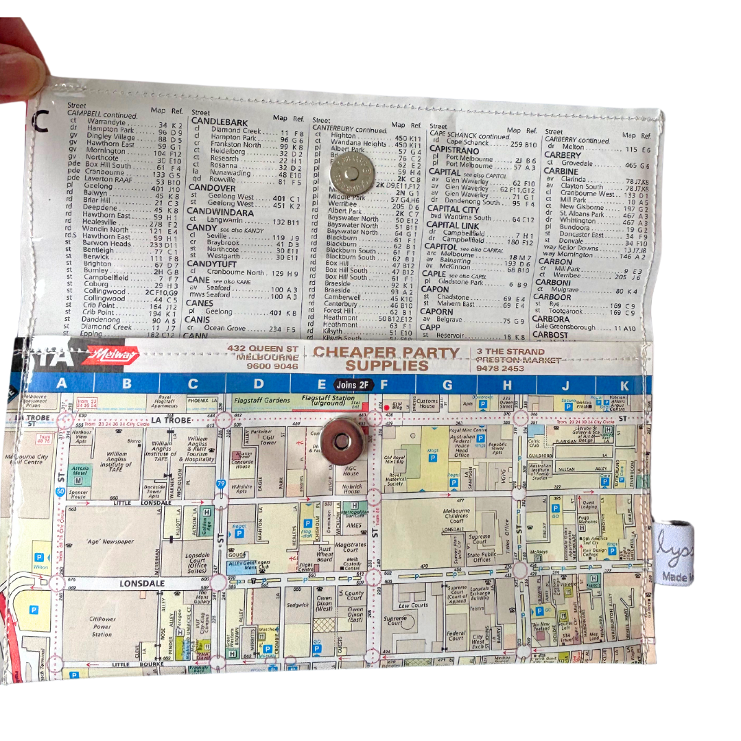 Recycled Street Map Wallet - Lyssy May Handmade Wallet recycled map of Melb City Spencer, Flinders, Bourke Street, Yarra River