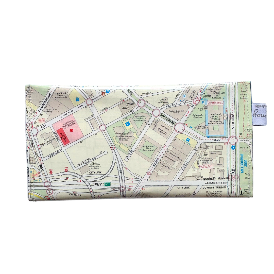 Recycled Street Map Wallet - Melbourne Southbank, Flinders Street Station, St Kilda Road