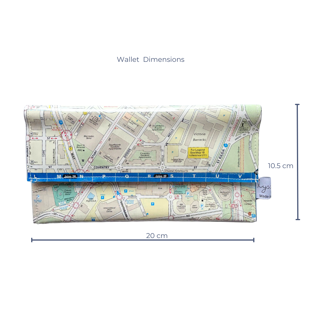 Recycled Street Map Wallet - Melbourne Southbank, Flinders Street Station, St Kilda Road