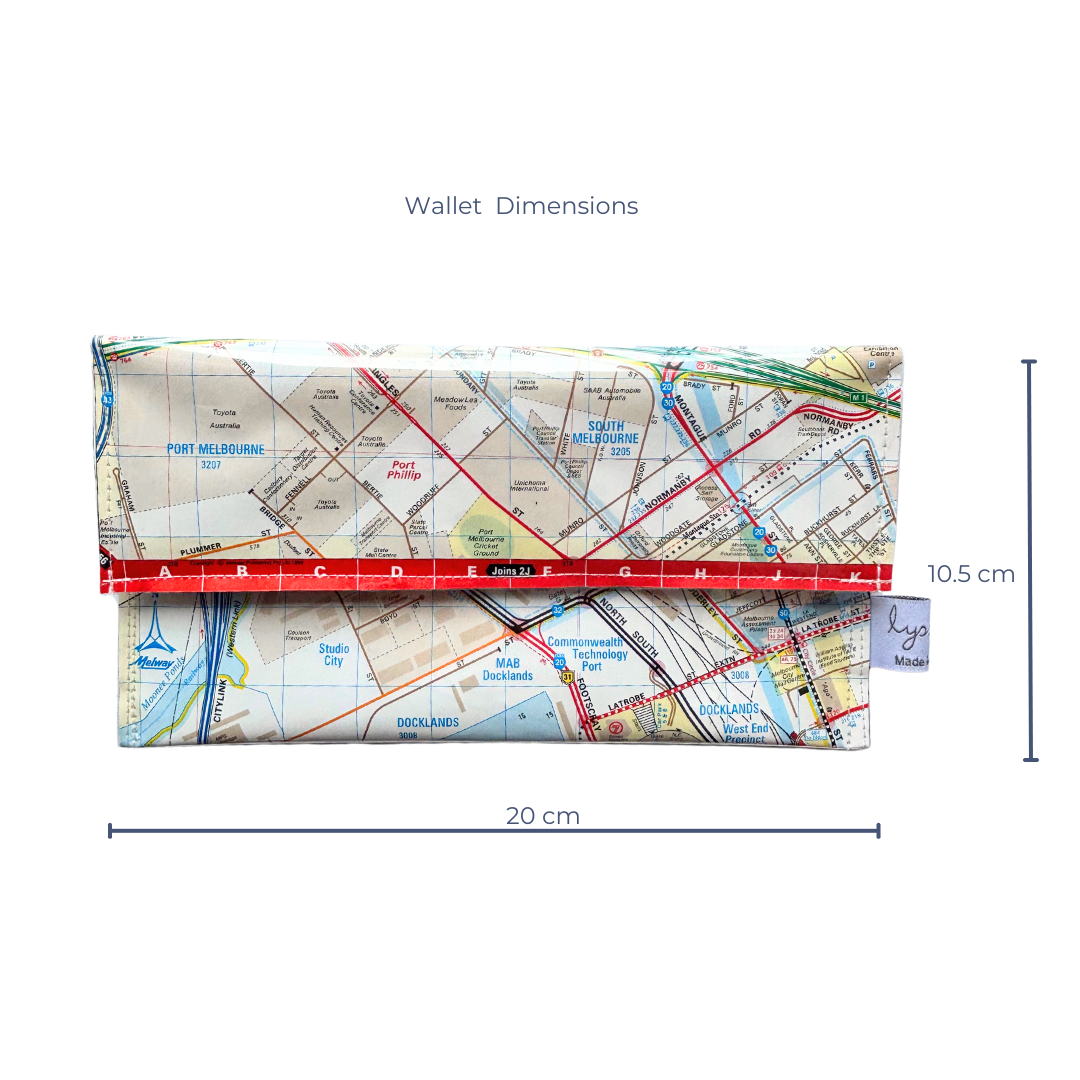 Recycled Street Map Wallet - Lyssy May Handmade Wallet recycled map of Melbourne Docklands and surrounds