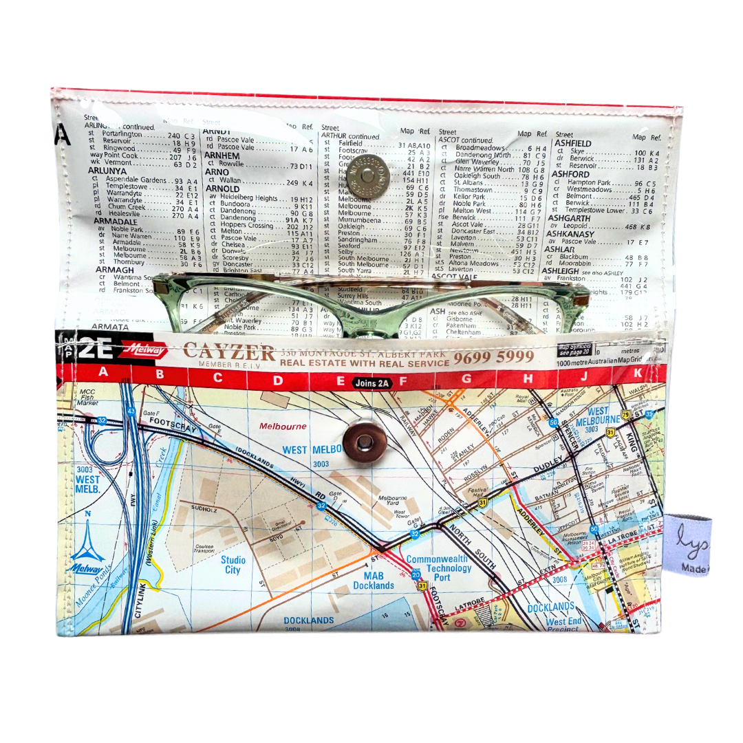 Recycled Street Map Wallet - Lyssy May Handmade Wallet recycled map of Melbourne Docklands and surrounds