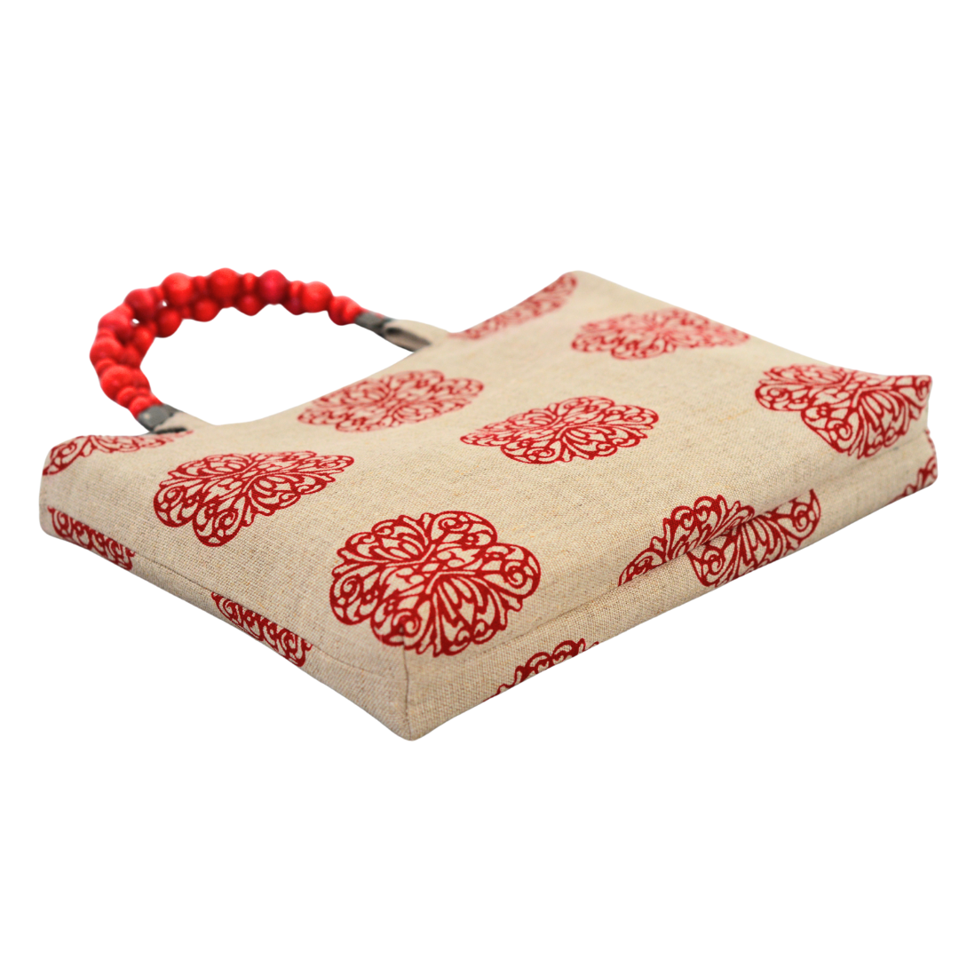 Iron Flowers Handprinted Natural Linen Shopper with Beaded Handles (Red)