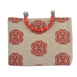 Iron Flowers Handprinted Natural Linen Shopper with Beaded Handles (Red)