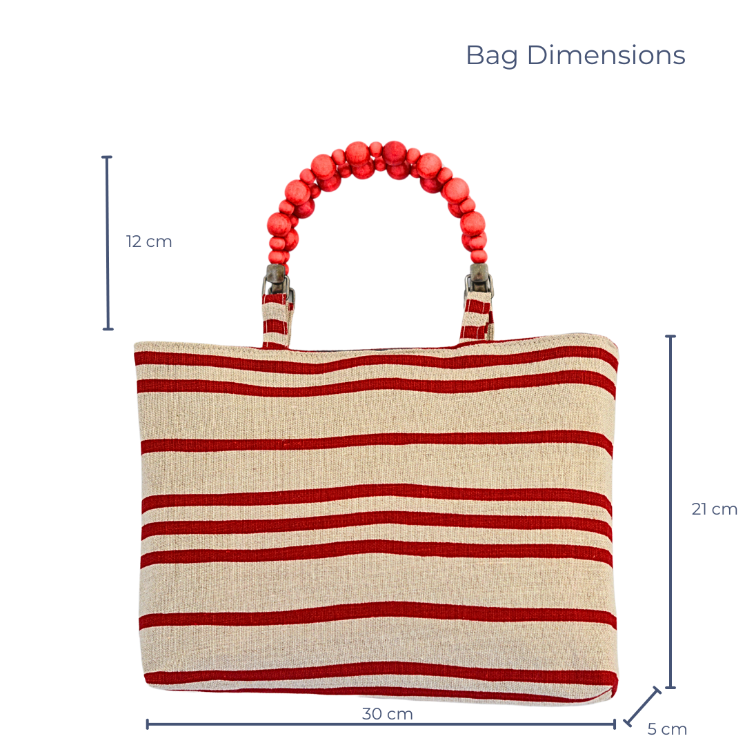 French Stripes Handprinted Natural Linen Shopper with Beaded Handles (Red)