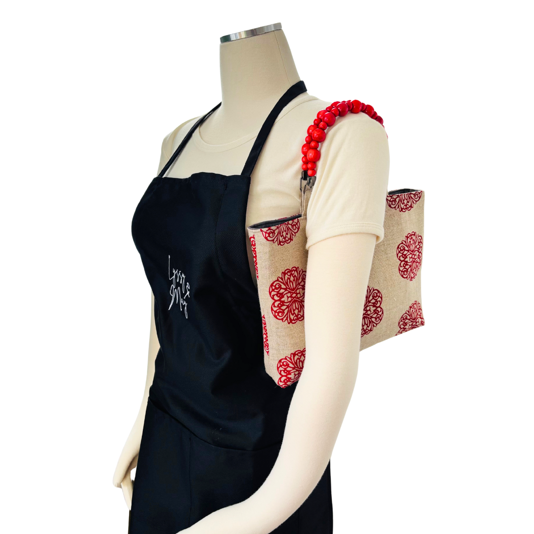 Iron Flowers Handprinted Natural Linen Shopper with Beaded Handles (Red)