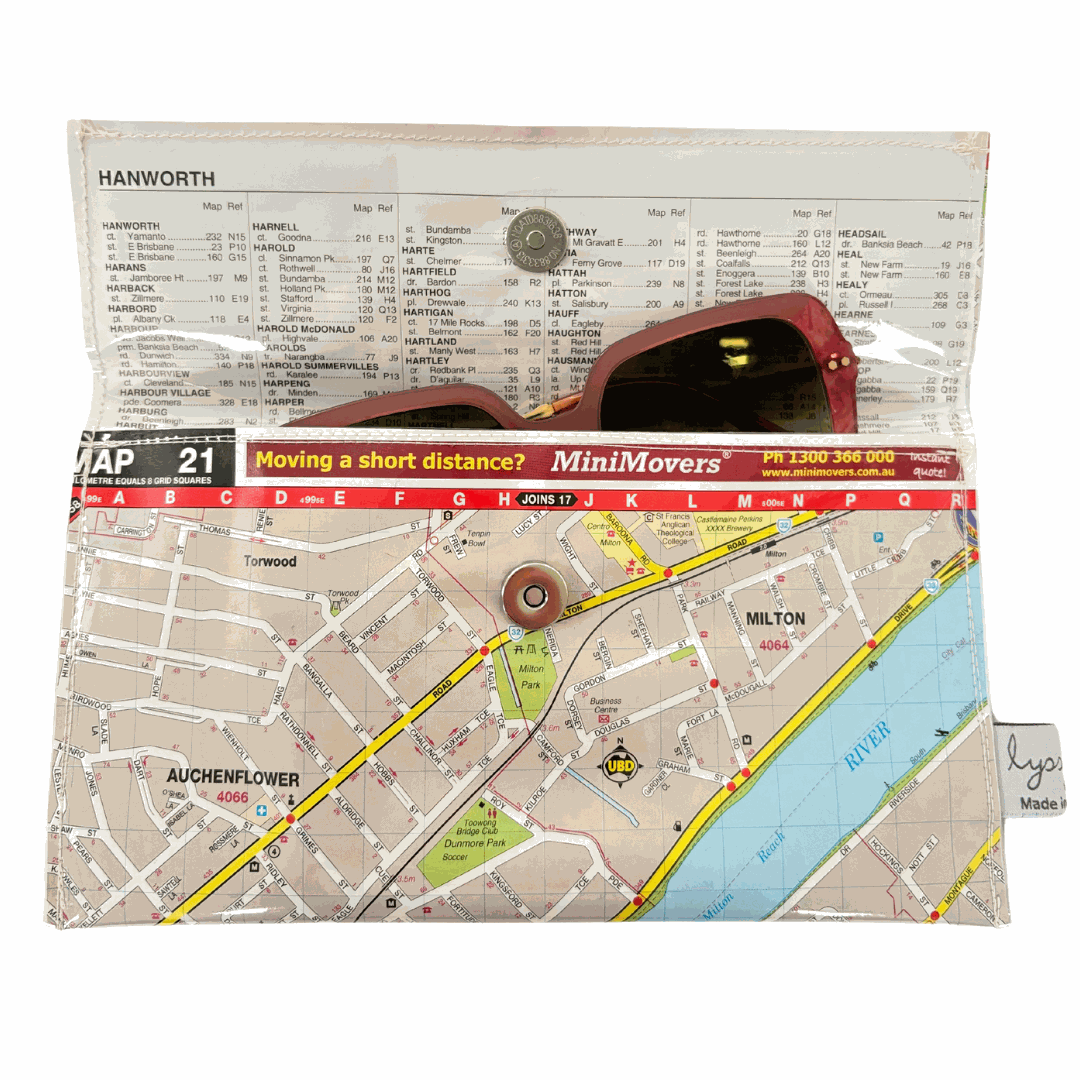 Recycled street map wallet featuring Brisbane River and suburbs Auchenflower, Milton, Toowong, West End