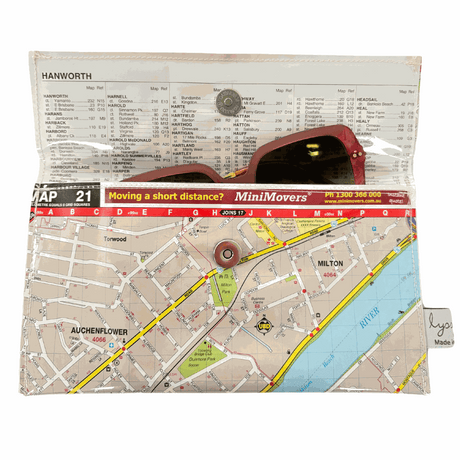 Recycled street map wallet featuring Brisbane River and suburbs Auchenflower, Milton, Toowong, West End