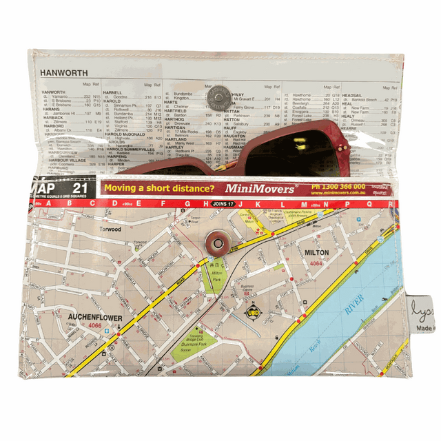Recycled street map wallet featuring Brisbane River and suburbs Auchenflower, Milton, Toowong, West End